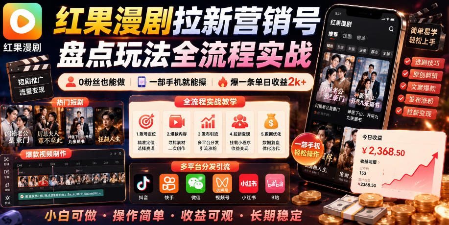 红果漫剧拉新营销号盘点玩法全流程实战，0粉丝也能做，一部手机就能做，爆一条单日收益2k+(更新0628)力繁信息站-闲云创业网-老谢轻创网-中创网-福缘网-冒泡网-资源之家-魔方项目库力繁信息站