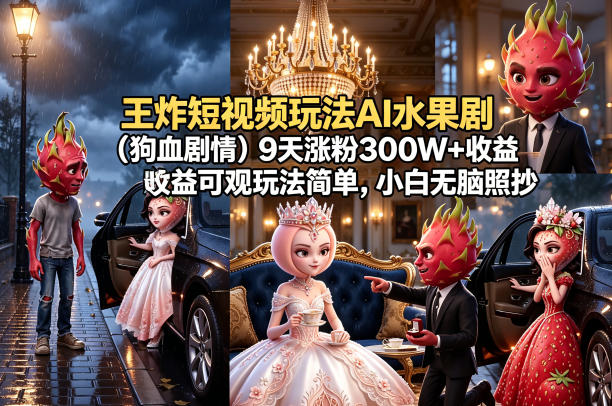 王炸短视频玩法AI水果剧(狗血剧情)9天涨粉300W+收益可观玩法简单，小白无脑照抄，详细拆解玩法力繁信息站-闲云创业网-老谢轻创网-中创网-福缘网-冒泡网-资源之家-魔方项目库力繁信息站