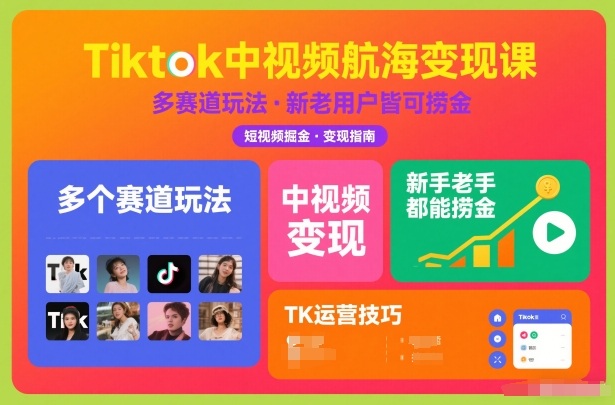 Tiktok中视频航海变现课，多个赛道玩法，新手老手都能在TK中视频捞金力繁信息站-闲云创业网-老谢轻创网-中创网-福缘网-冒泡网-资源之家-魔方项目库力繁信息站