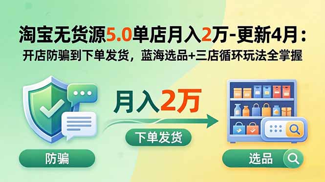 淘宝无货源5.0单店月入2万-更新5月：开店防骗到下单发货，蓝海选品+三店循环玩法全掌握力繁信息站-闲云创业网-老谢轻创网-中创网-福缘网-冒泡网-资源之家-魔方项目库力繁信息站