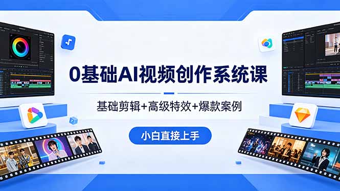 0基础AI视频创作系统课，基础剪辑+高级特效+爆款案例，小白直接上手力繁信息站-闲云创业网-老谢轻创网-中创网-福缘网-冒泡网-资源之家-魔方项目库力繁信息站