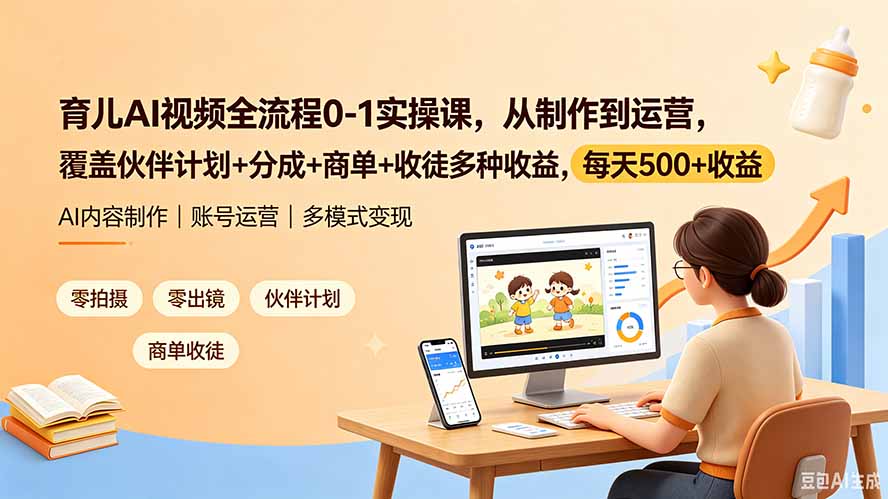 育儿AI视频全流程0-1实操课,从制作到运营,覆盖伙伴计划+分成+商单+收徒多种收益,每天500+收益力繁信息站-闲云创业网-老谢轻创网-中创网-福缘网-冒泡网-资源之家-魔方项目库力繁信息站