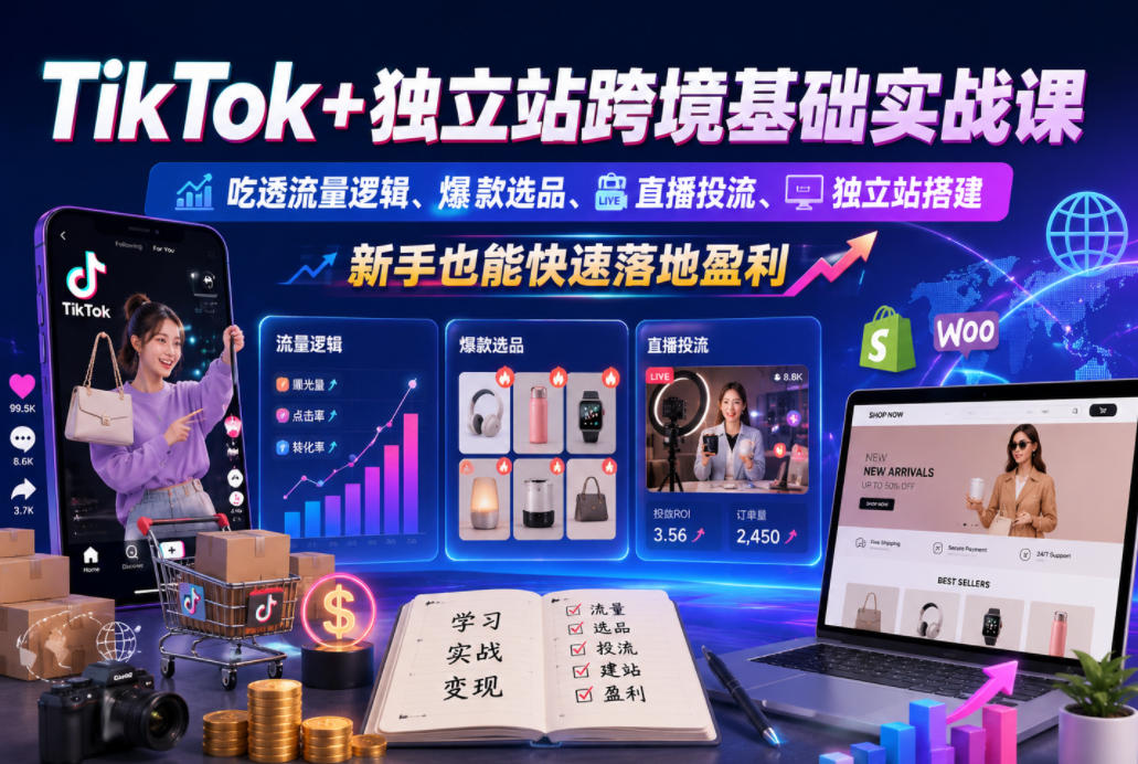 TikTok+独立站跨境基础实战课,吃透流量逻辑、爆款选品、直播投流与独立站搭建,新手也能快速落地盈利力繁信息站-闲云创业网-老谢轻创网-中创网-福缘网-冒泡网-资源之家-魔方项目库力繁信息站
