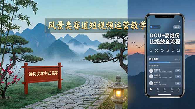 风景类赛道短视频运营教学:诗词文学中式美学,新号养号对标账号定位,DOU+高性价比投放全流程力繁信息站-闲云创业网-老谢轻创网-中创网-福缘网-冒泡网-资源之家-魔方项目库力繁信息站