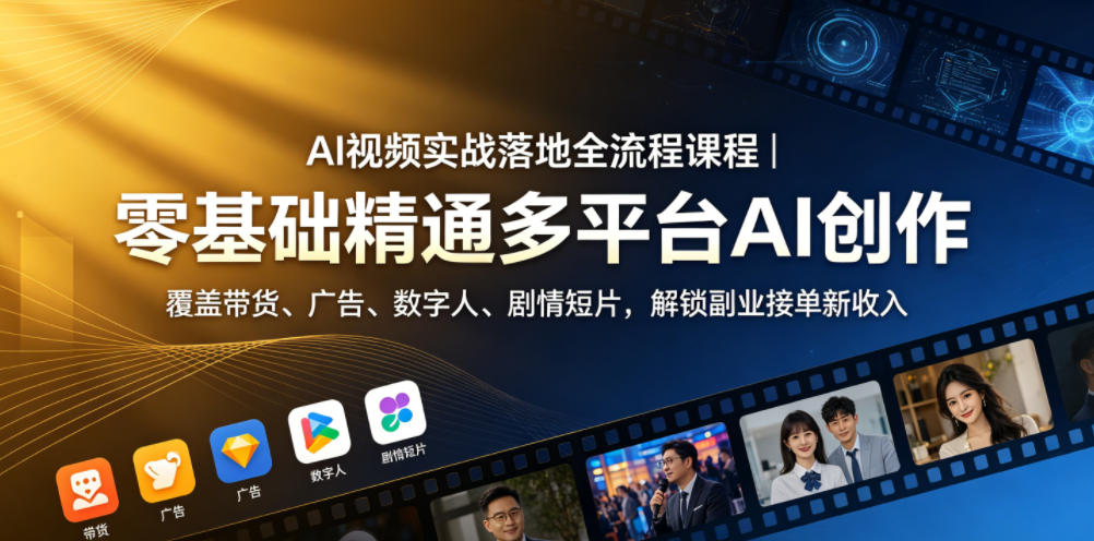 AI视频实战落地全流程课程|零基础精通多平台AI创作,覆盖带货、广告、数字人、剧情短片,解锁副业接单新收入力繁信息站-闲云创业网-老谢轻创网-中创网-福缘网-冒泡网-资源之家-魔方项目库力繁信息站