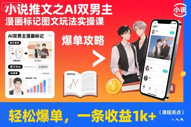 小说推文之AI双男主漫画标记图文玩法实操课，轻松爆单，一条收益1k+力繁信息站-闲云创业网-老谢轻创网-中创网-福缘网-冒泡网-资源之家-魔方项目库力繁信息站