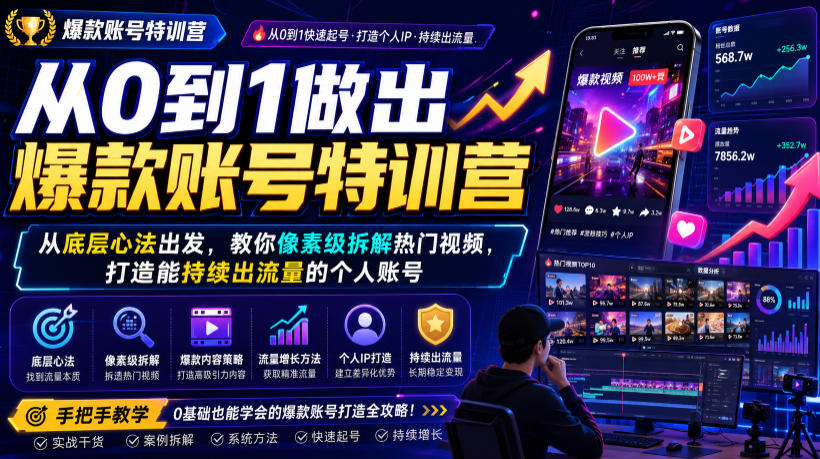 从0到1做出爆款账号特训营，从底层心法出发，教你像素级拆解热门视频，打造能持续出流量的个人账号力繁信息站-闲云创业网-老谢轻创网-中创网-福缘网-冒泡网-资源之家-魔方项目库力繁信息站