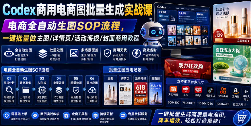 Codex商用电商图批量生成实战课|电商全自动生图SOP流程,一键批量做主图/详情页/活动海报/封面商用教程力繁信息站-闲云创业网-老谢轻创网-中创网-福缘网-冒泡网-资源之家-魔方项目库力繁信息站