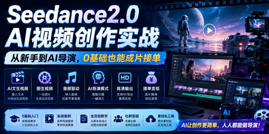 Seedance2.0 AI视频创作实战,从新手到AI导演,0基础也能成片接单变现力繁信息站-闲云创业网-老谢轻创网-中创网-福缘网-冒泡网-资源之家-魔方项目库力繁信息站