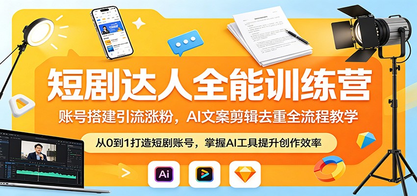 短剧达人全能训练营：账号搭建引流涨粉，AI 文案剪辑去重全流程教学力繁信息站-闲云创业网-老谢轻创网-中创网-福缘网-冒泡网-资源之家-魔方项目库力繁信息站