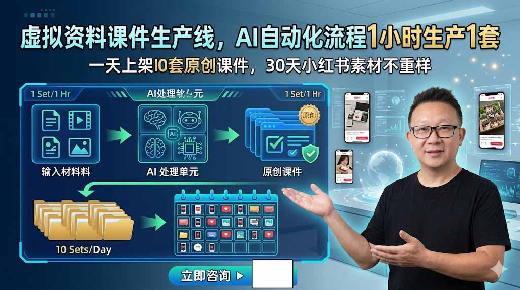 虚拟资料课件生产线，AI自动化流程1小时生产1套，一天上架10套原创课件，30天小红书素材不重样力繁信息站-闲云创业网-老谢轻创网-中创网-福缘网-冒泡网-资源之家-魔方项目库力繁信息站