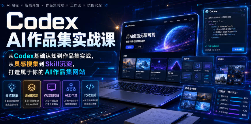 Codex AI作品集实战课,从Codex基础认知到作品集实战,从灵感搜集到Skill沉淀,打造属于你的AI作品集网站力繁信息站-闲云创业网-老谢轻创网-中创网-福缘网-冒泡网-资源之家-魔方项目库力繁信息站