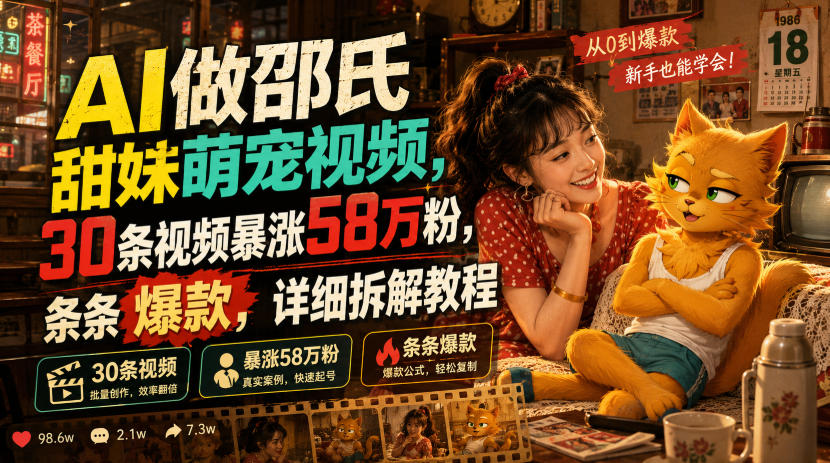AI做邵氏甜妹萌宠视频,30条视频暴涨58万粉,条条爆款,详细拆解教程力繁信息站-闲云创业网-老谢轻创网-中创网-福缘网-冒泡网-资源之家-魔方项目库力繁信息站