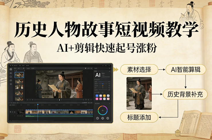 历史人物故事短视频教学，AI+剪辑制作历史人物题材短视频，快速起号涨粉力繁信息站-闲云创业网-老谢轻创网-中创网-福缘网-冒泡网-资源之家-魔方项目库力繁信息站