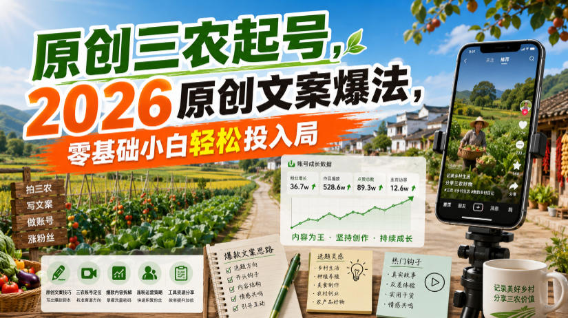 原创三农起号，2026原创文案爆法，零基础小白轻松投入局力繁信息站-闲云创业网-老谢轻创网-中创网-福缘网-冒泡网-资源之家-魔方项目库力繁信息站