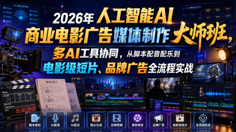 2026年人工智能AI商业电影广告媒体制作大师班,多AI工具协同,从脚本配音配乐到电影级短片、品牌广告全流程实战(中英字幕)力繁信息站-闲云创业网-老谢轻创网-中创网-福缘网-冒泡网-资源之家-魔方项目库力繁信息站