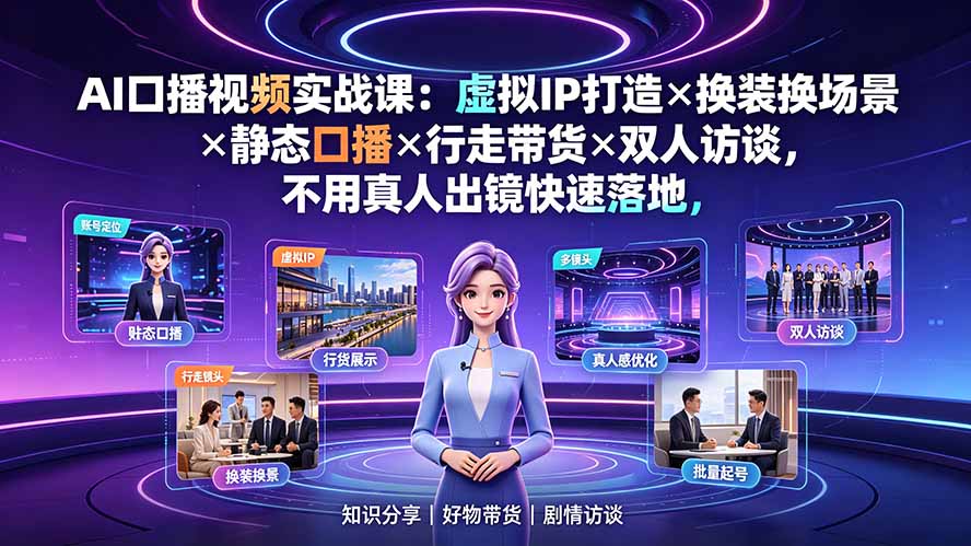 AI口播视频实战课:虚拟IP打造×换装换场景×静态口播×行走带货×双人访谈,不用真人出镜快速落地力繁信息站-闲云创业网-老谢轻创网-中创网-福缘网-冒泡网-资源之家-魔方项目库力繁信息站