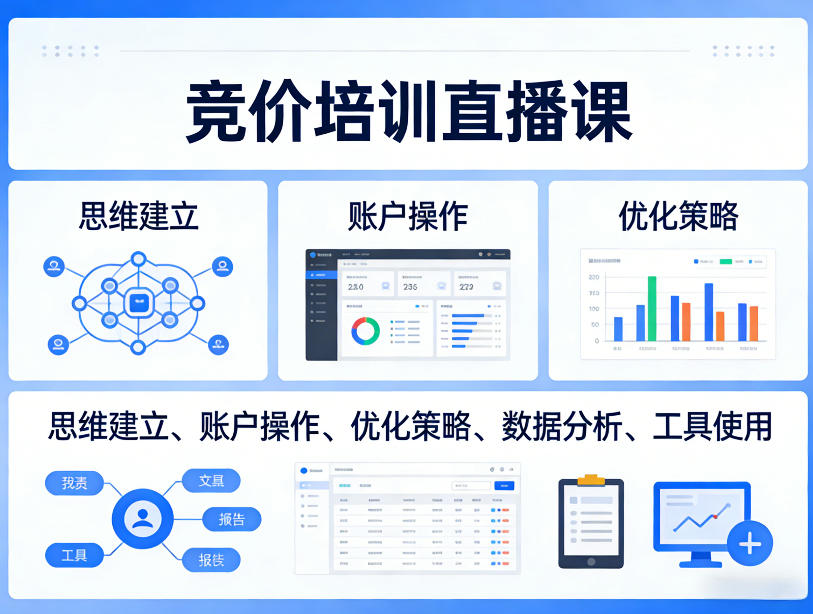 竞价培训直播课，覆盖思维建立、账户操作、优化策略、数据分析、工具使用等，全方位提升效果力繁信息站-闲云创业网-老谢轻创网-中创网-福缘网-冒泡网-资源之家-魔方项目库力繁信息站