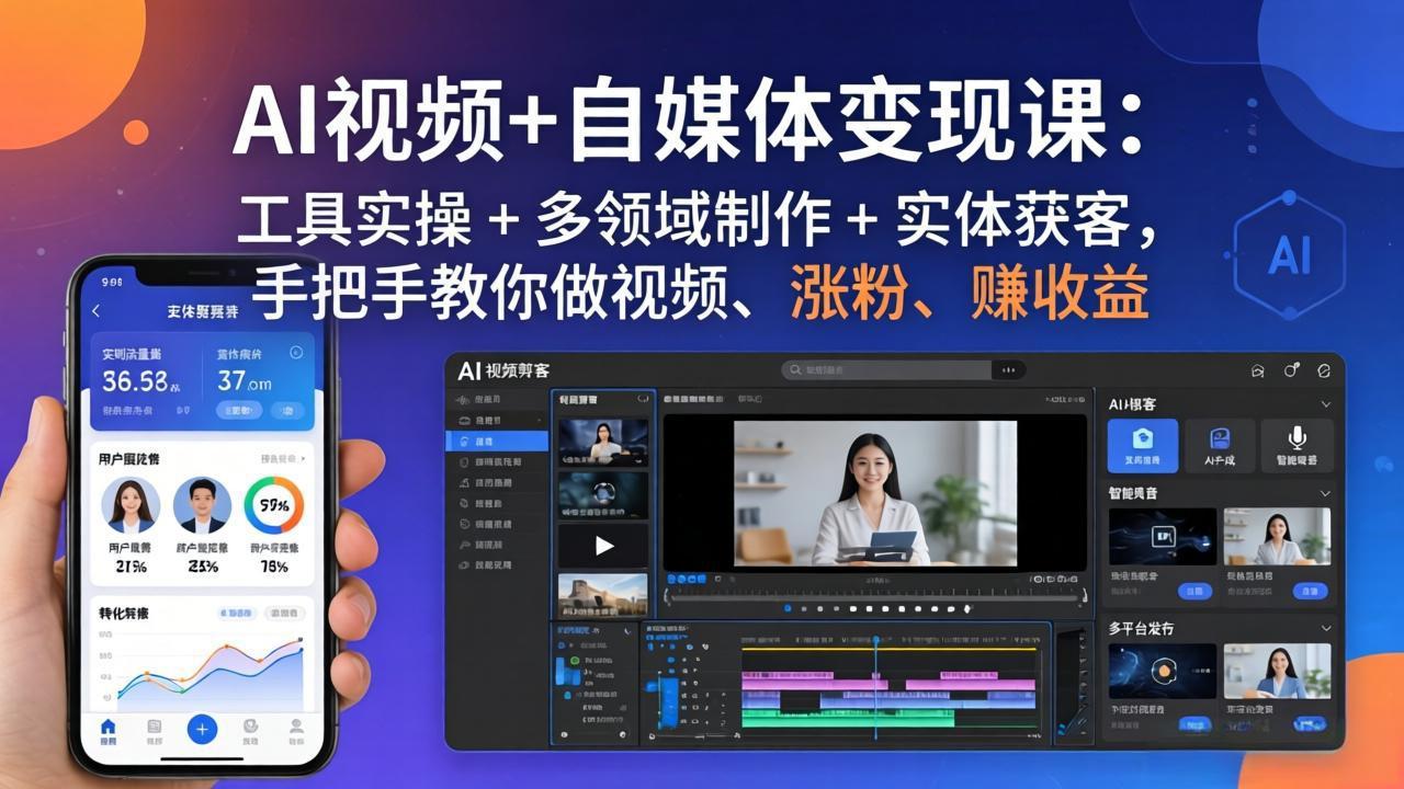 AI视频+自媒体变现课：工具实操 + 多领域制作 + 实体获客，手把手教你做视频、涨粉、赚收益力繁信息站-闲云创业网-老谢轻创网-中创网-福缘网-冒泡网-资源之家-魔方项目库力繁信息站