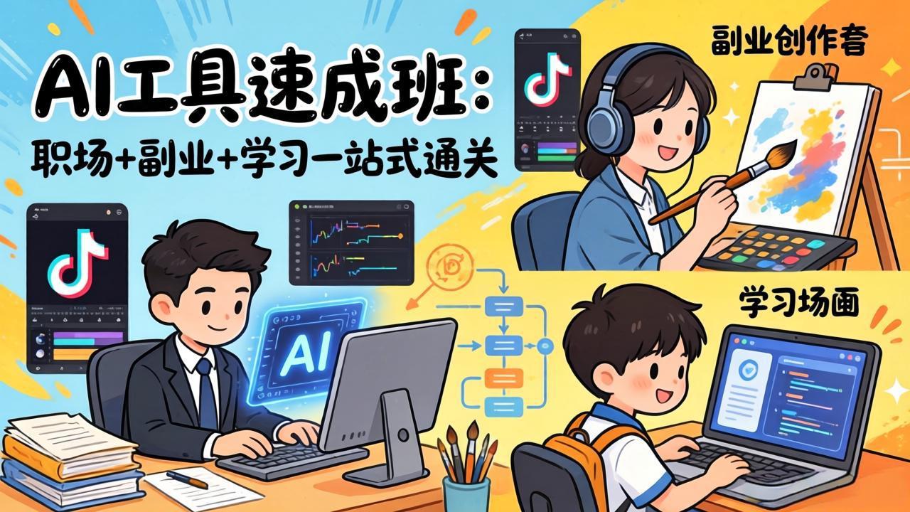 AI工具速成班：职场+副业+学习一站式通关，20+爆款类型+剪映技巧+抖音算法，0基础快速上手力繁信息站-闲云创业网-老谢轻创网-中创网-福缘网-冒泡网-资源之家-魔方项目库力繁信息站