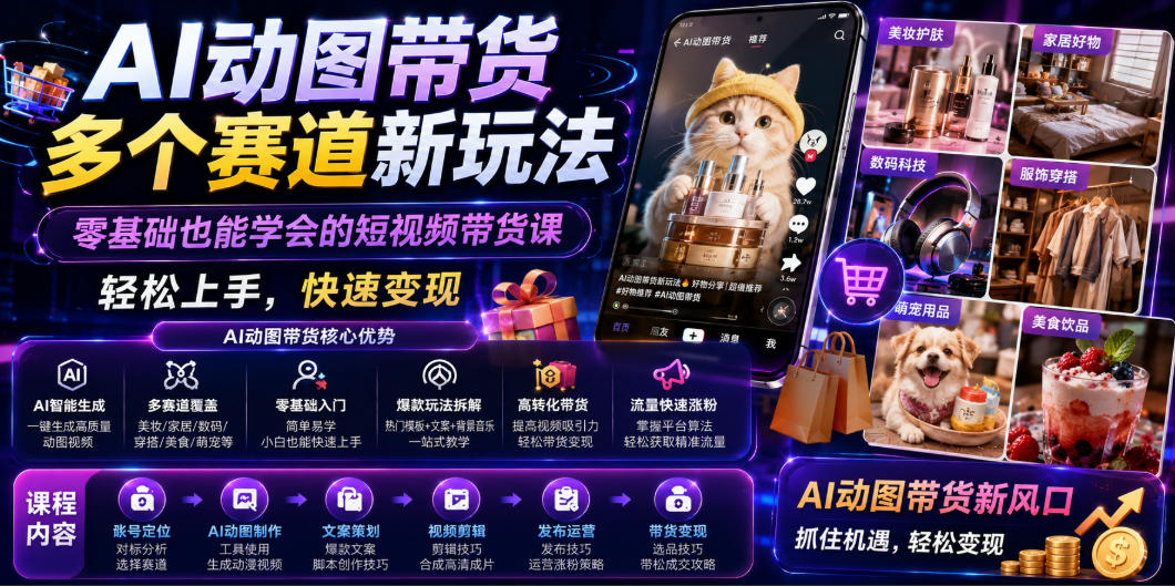 AI动图带货多个赛道新玩法，零基础也能学会的短视频带货课，轻松上手，快速变现力繁信息站-闲云创业网-老谢轻创网-中创网-福缘网-冒泡网-资源之家-魔方项目库力繁信息站