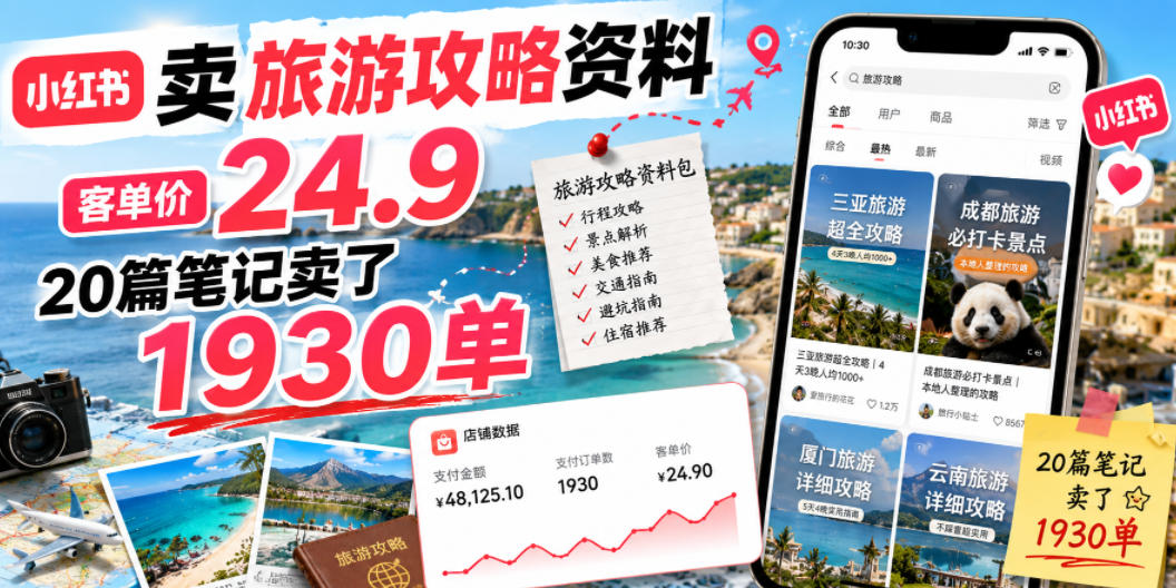 小红书卖旅游攻略资料,客单价24.9,20篇笔记卖了1930单!力繁信息站-闲云创业网-老谢轻创网-中创网-福缘网-冒泡网-资源之家-魔方项目库力繁信息站