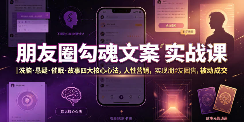 朋友圈勾魂文案实战课｜洗脑·悬疑·催眠·故事四大核心心法，吃透人性营销，实现朋友圈不销而售被动成交力繁信息站-闲云创业网-老谢轻创网-中创网-福缘网-冒泡网-资源之家-魔方项目库力繁信息站