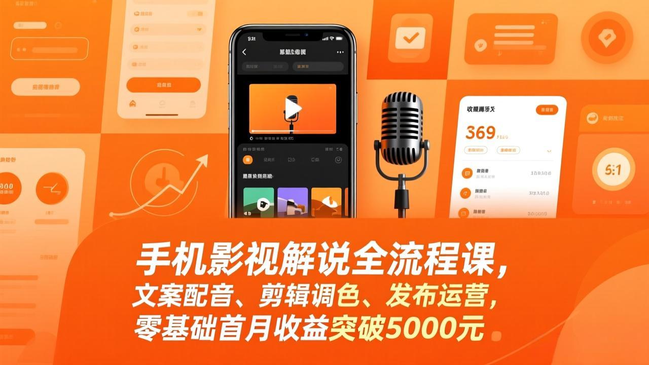手机影视解说全流程课，文案配音、剪辑调色、发布运营，零基础首月收益突破5000元力繁信息站-闲云创业网-老谢轻创网-中创网-福缘网-冒泡网-资源之家-魔方项目库力繁信息站