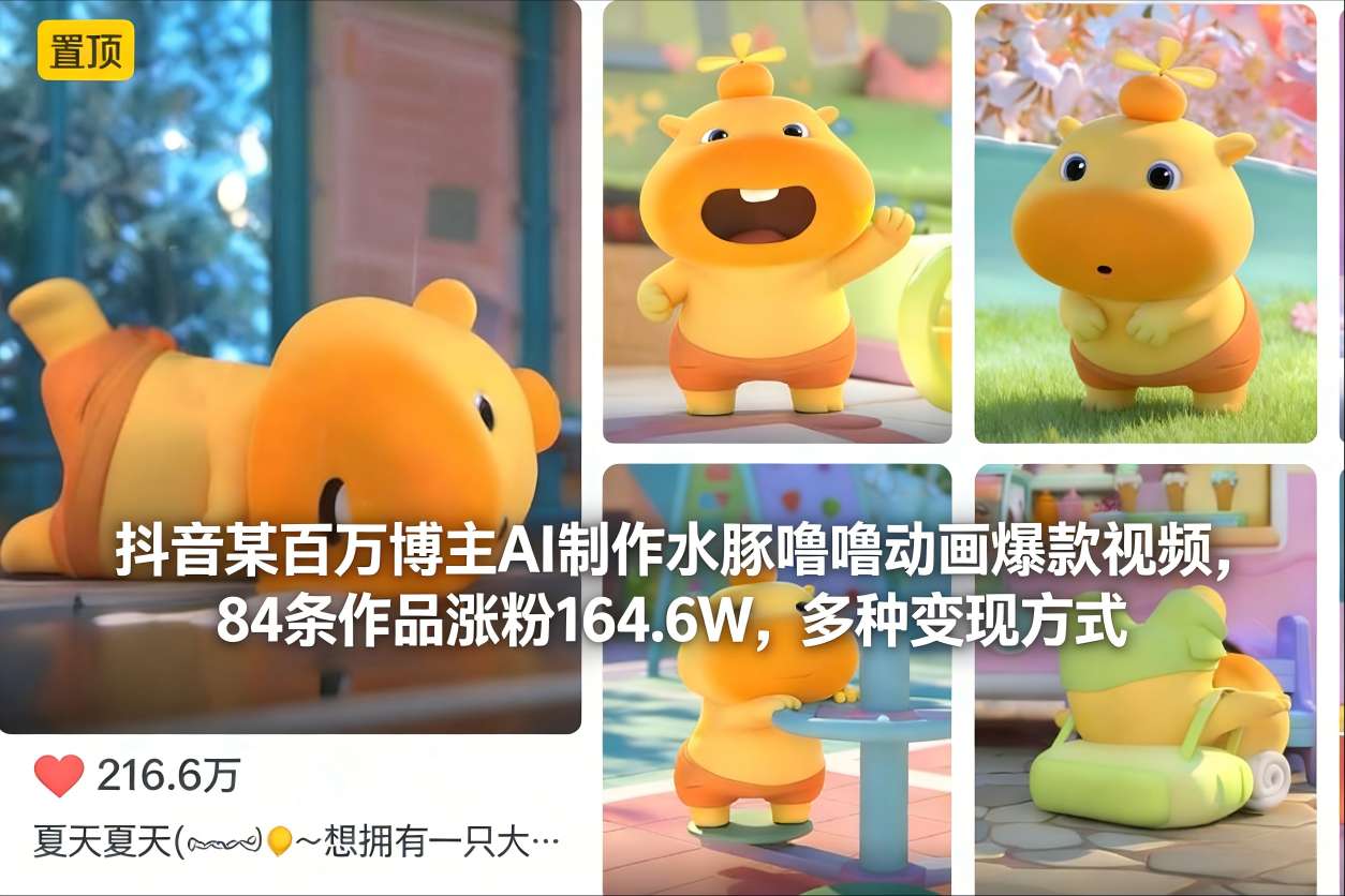 抖音某百万博主AI制作水豚噜噜动画爆款视频，84条作品涨粉164.6W，多种变现方式力繁信息站-闲云创业网-老谢轻创网-中创网-福缘网-冒泡网-资源之家-魔方项目库力繁信息站