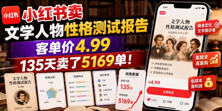 小红书卖文学人物性格测试报告,客单价4.99,135天卖了5169单!力繁信息站-闲云创业网-老谢轻创网-中创网-福缘网-冒泡网-资源之家-魔方项目库力繁信息站