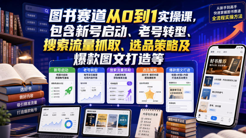 图书赛道从0到1实操课,包含新号启动、老号转型、搜索流量抓取、选品策略及爆款图文打造等力繁信息站-闲云创业网-老谢轻创网-中创网-福缘网-冒泡网-资源之家-魔方项目库力繁信息站