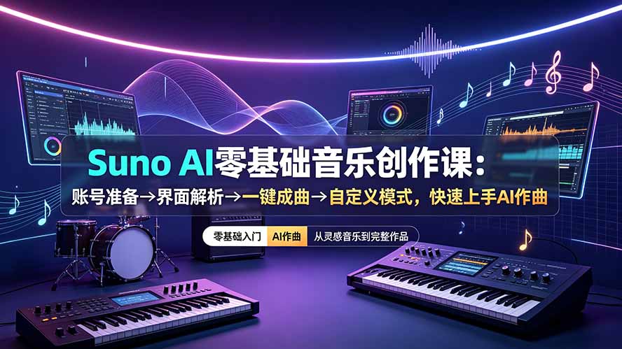 Suno AI零基础音乐创作课:账号准备→界面解析→一键成曲→自定义模式,快速上手AI作曲力繁信息站-闲云创业网-老谢轻创网-中创网-福缘网-冒泡网-资源之家-魔方项目库力繁信息站