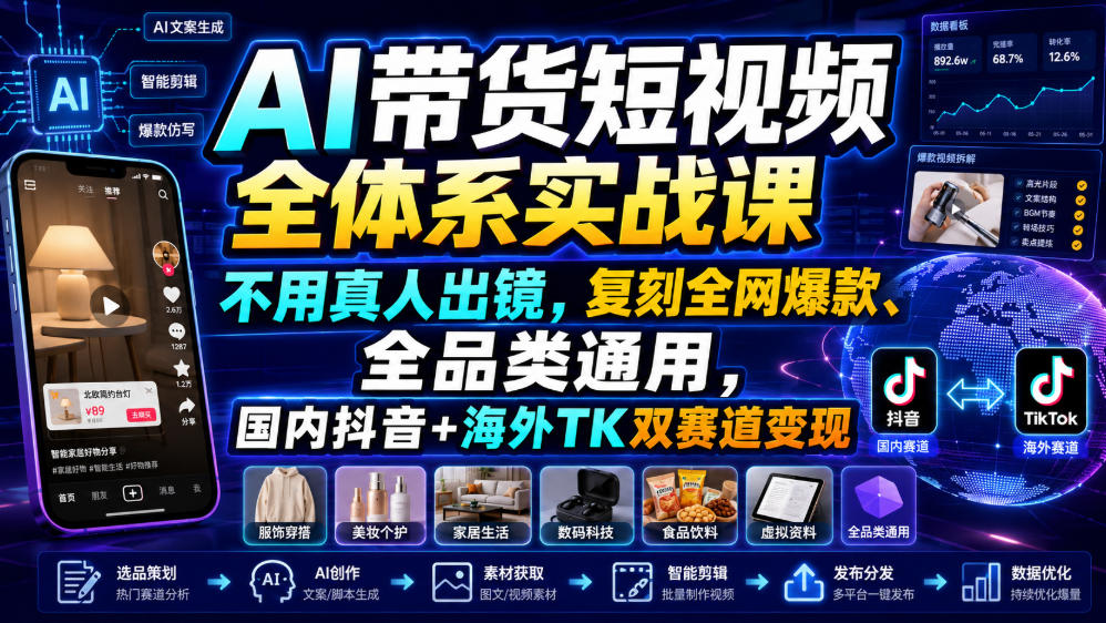 AI带货短视频全体系实战课,不用真人出镜,复刻全网爆款、全品类通用,国内抖音+海外TK双赛道变现力繁信息站-闲云创业网-老谢轻创网-中创网-福缘网-冒泡网-资源之家-魔方项目库力繁信息站